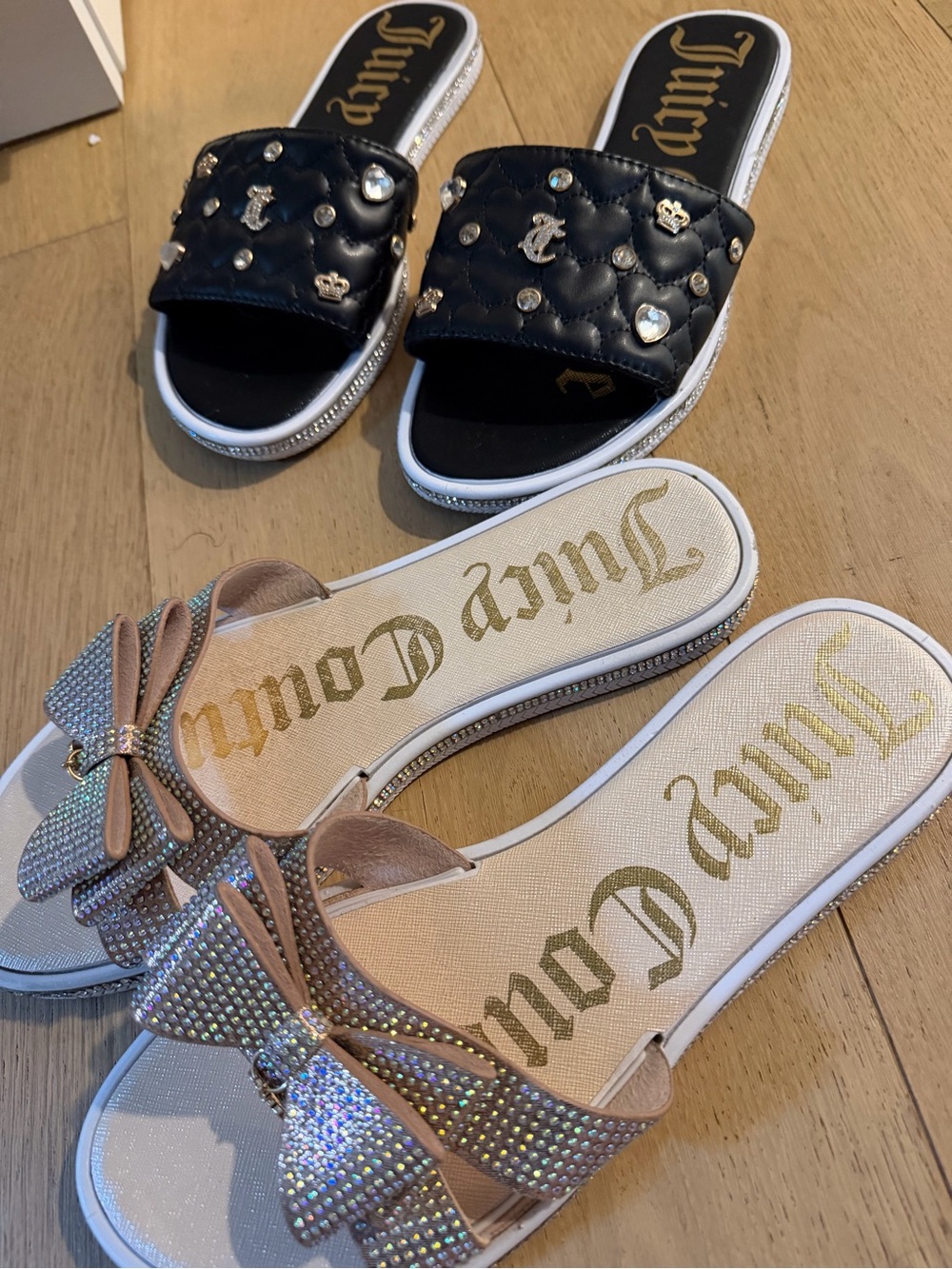 Juicy Couture Women’s Slide Sandals in Black and Blush Rhinestone Bow